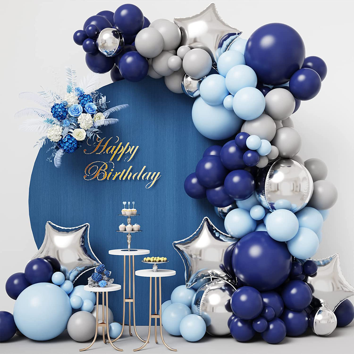 Blue and silver star balloon arch kit 154pcs